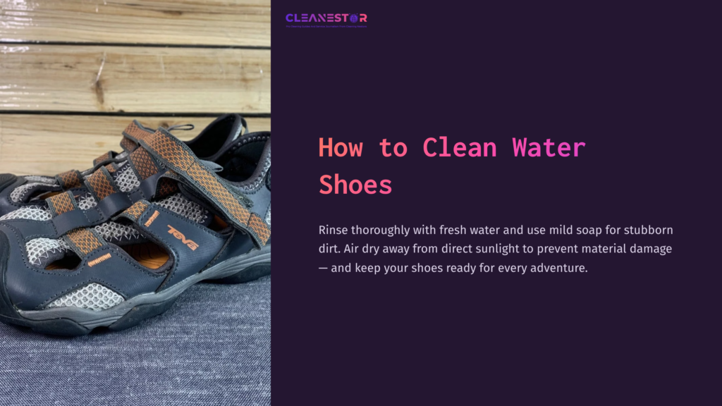 1 How To Clean Water Shoes Black Water Shoes With Mesh Detailing Sit On A Textured Gray Surface, Alongside Cleaning Instructions On A Purple Background.
