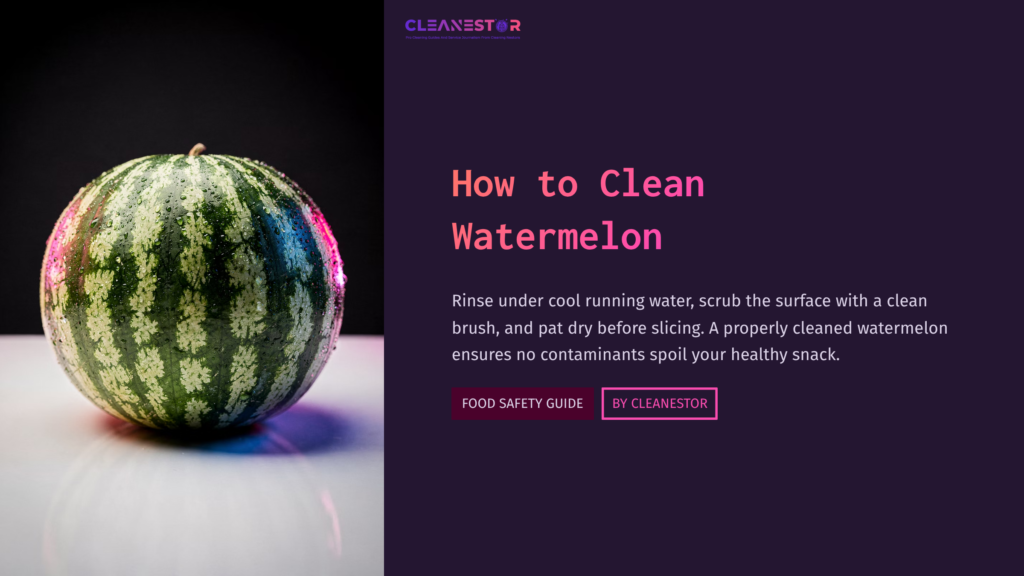 A Whole Watermelon With Green Stripes On A Dark Background, Accompanied By Text About Cleaning Watermelons.