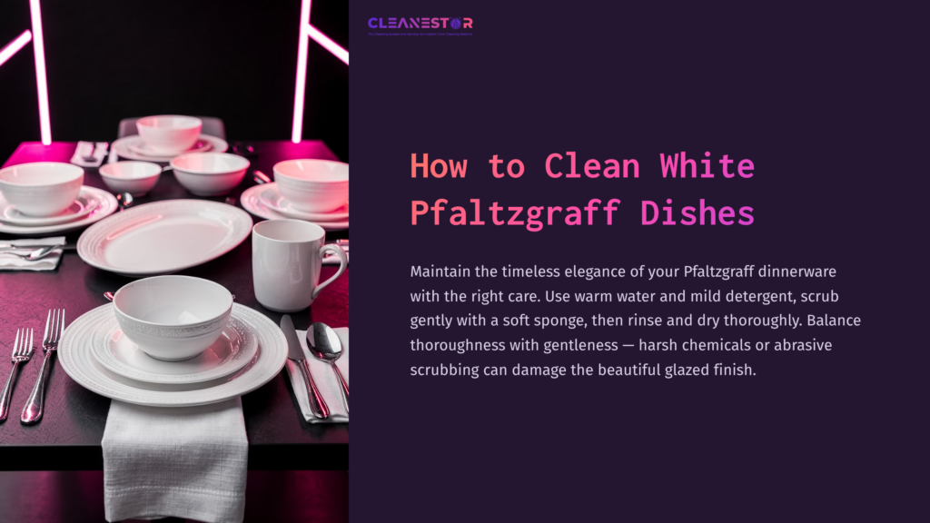 Set Of White Pfaltzgraff Dishes Including Plates, Bowls, And Cups Arranged Neatly On A Dark Table With A Soft Cloth, Accented By Pink Lighting.