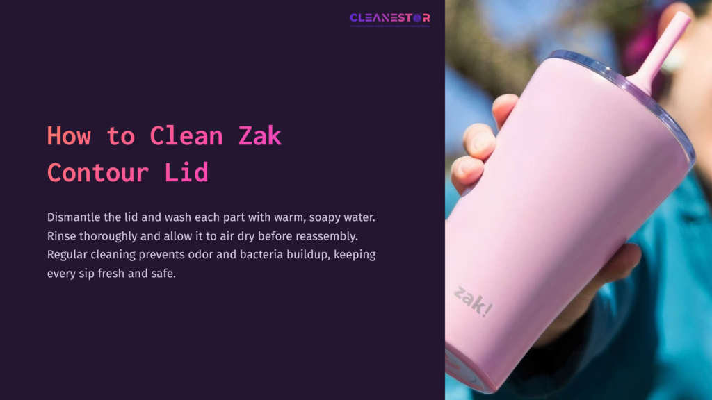 A Light Pink Zak Contour Lid Cup With A Clear Straw Is Shown Against A Dark Purple Background, Highlighting Cleaning Instructions.