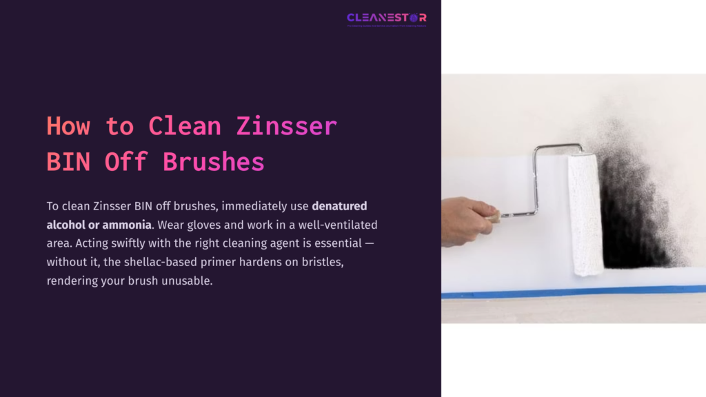 A Person Cleaning A Paint Roller Against A Wall, With A Purple Background And Text Providing Cleaning Instructions.