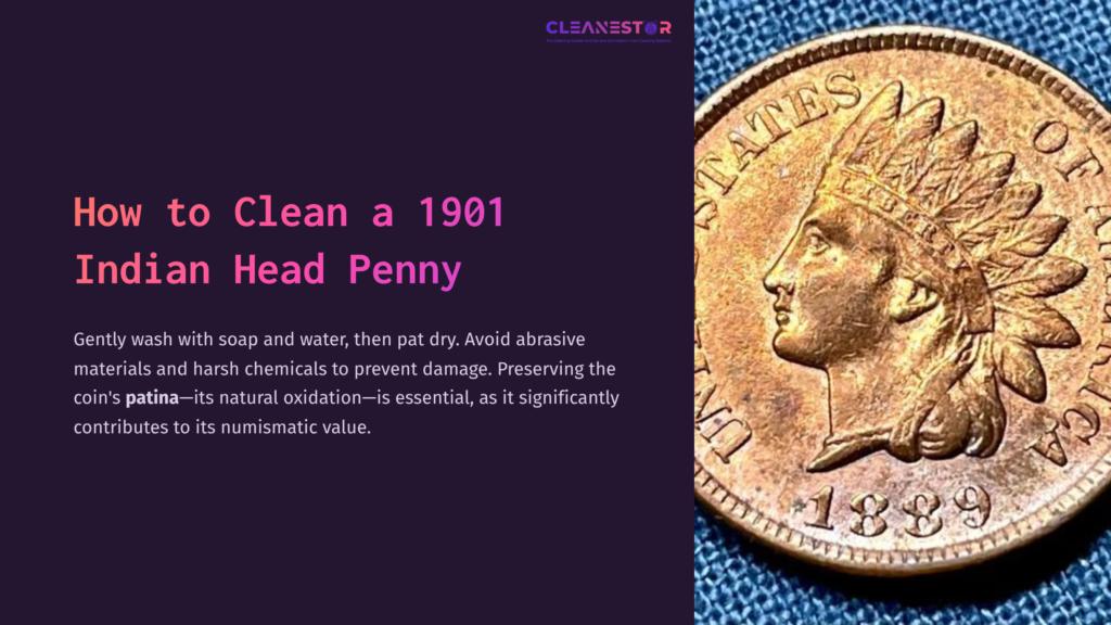 1 How To Clean A 1901 Indian Head Penny A 1901 Indian Head Penny Featuring A Profile View Of A Native American With A Feathered Headdress, Set Against A Textured Blue Background.