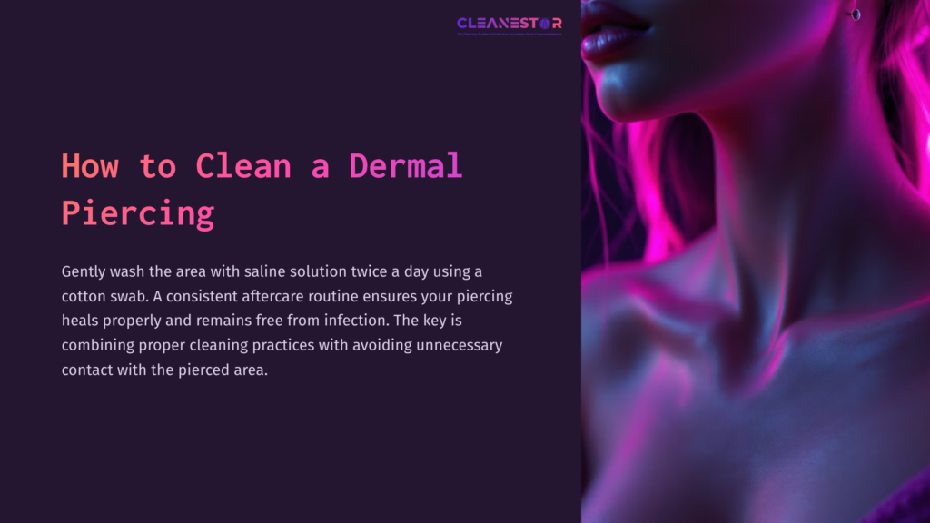 A Close-Up Of A Woman'S Face With Pink And Purple Lighting, Alongside Text On Cleaning A Dermal Piercing.