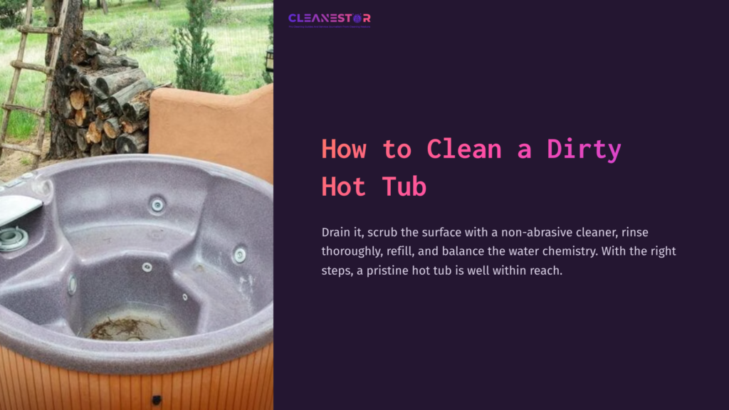 A Dirty Hot Tub Sits Outdoors, Surrounded By Greenery, With A Wooden Exterior And A Gray Interior, Ready For Cleaning.