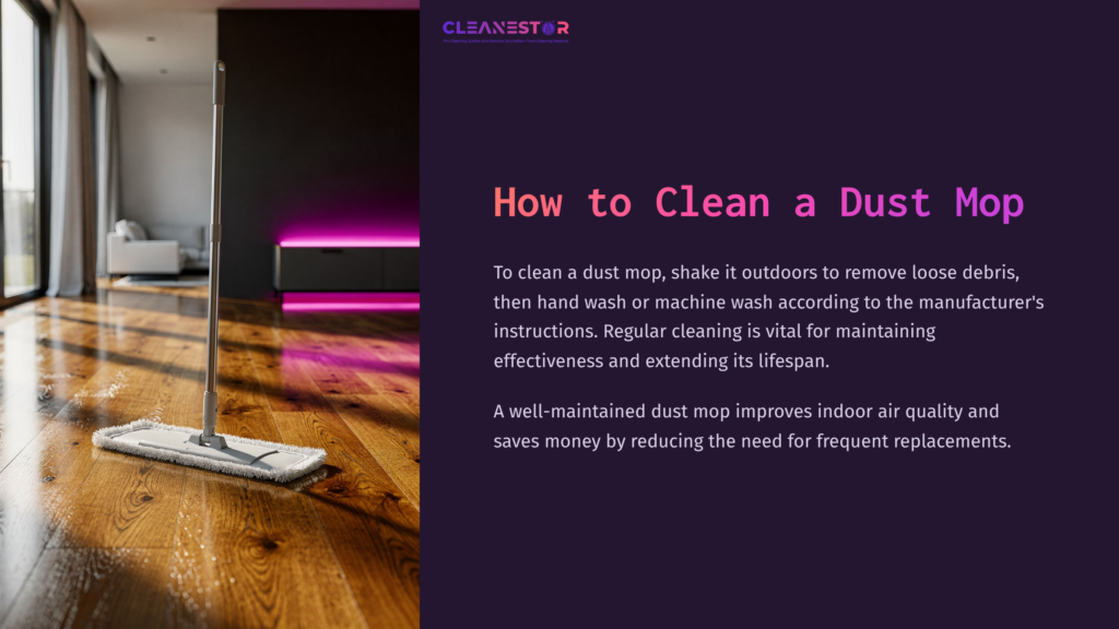 Dust Mop With A White Cleaning Pad Stands On Polished Wooden Floor, Next To A Colorful Background Showcasing Cleaning Tips.