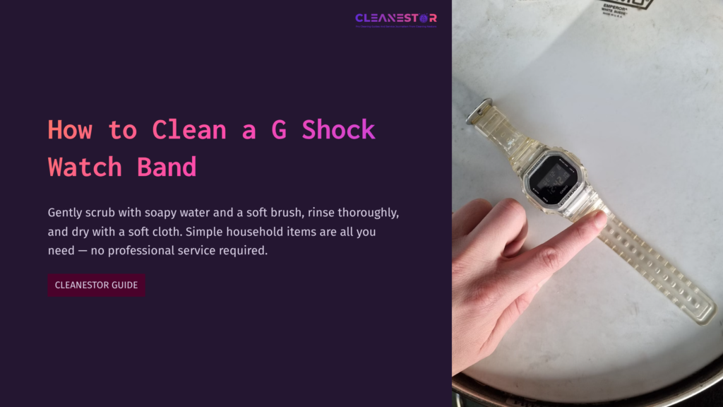 1 How To Clean A G Shock Watch Band A Person'S Hand Holds A Clear G-Shock Watch On A Silver Surface, Alongside Text On How To Clean The Watch Band.