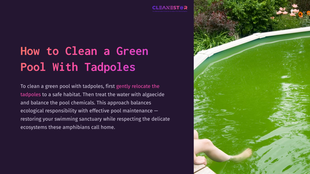 1 How To Clean A Green Pool With Tadpoles A Person Sits At The Edge Of A Green, Murky Pool Surrounded By Greenery, Highlighting The Challenge Of Cleaning While Protecting Tadpoles.