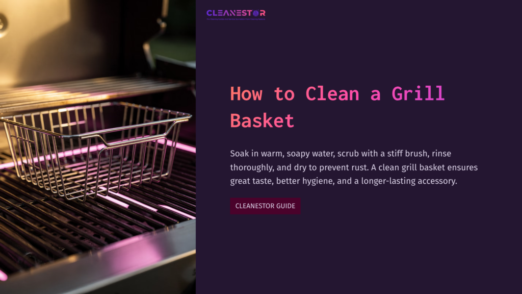 Grill Basket On A Grill'S Grates, With A Shiny Metallic Finish, Set Against A Warm, Glowing Background. Title And Cleaning Tips Displayed.