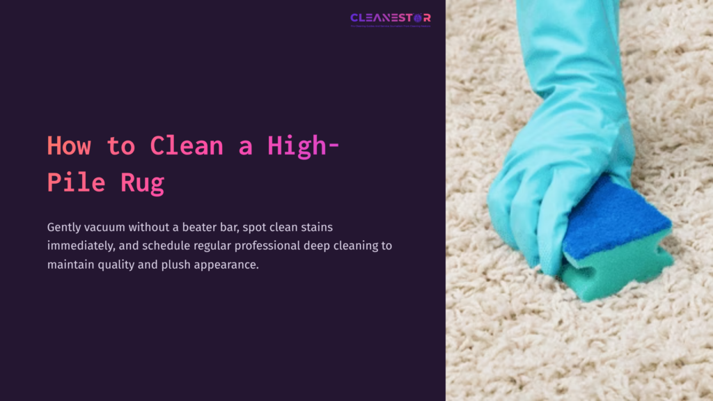 A Person With A Turquoise Glove Cleans A Light-Colored High-Pile Rug Using A Blue Sponge, Set Against A Dark Purple Background.