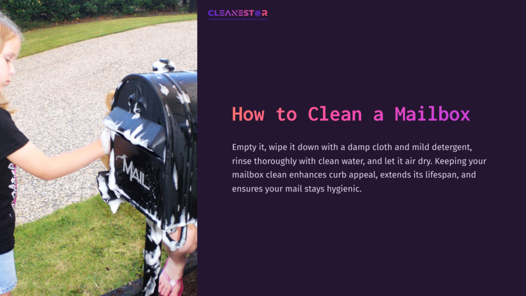 A Child Scrubs A Black Mailbox With Soap, Surrounded By Greenery And A Gravel Path, Emphasizing The Cleaning Process.