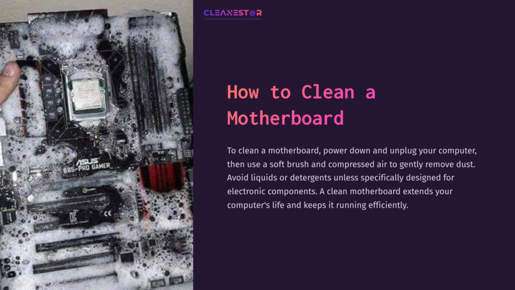 A Motherboard Covered In Foam Cleaner With A Soft Brush Beside It On A Dark Background, Illustrating A Cleaning Process.