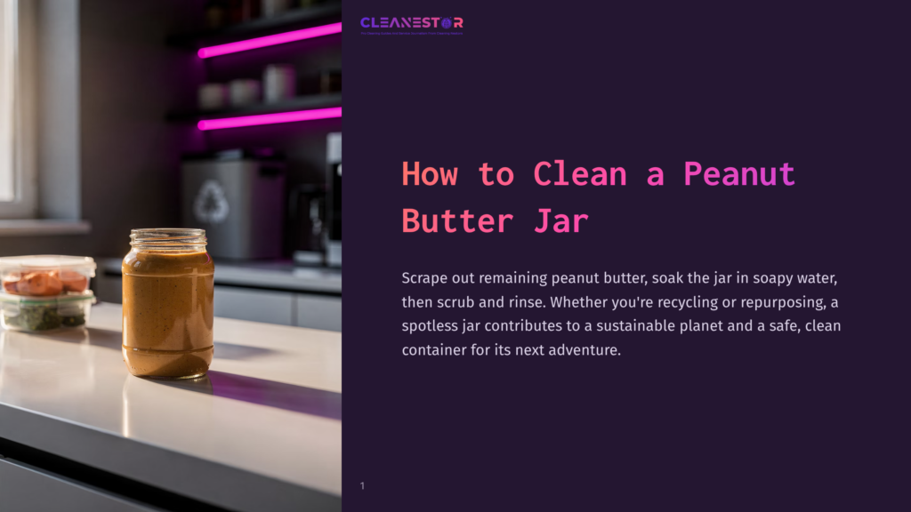 A Glass Peanut Butter Jar On A Kitchen Countertop, With Pink Lighting In The Background And A Container Of Snacks Beside It.
