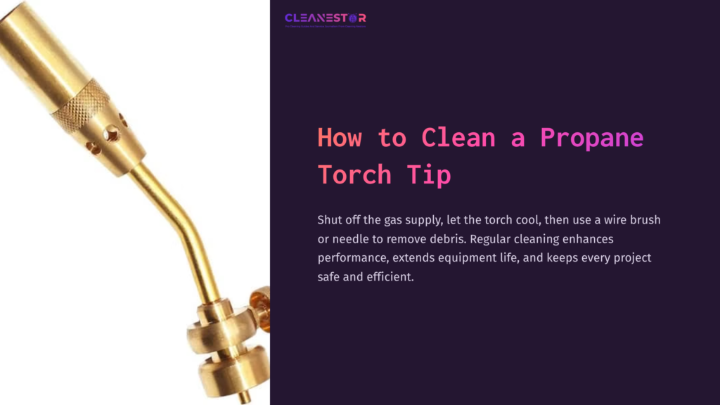 Close-Up Of A Brass Propane Torch Tip With A Shiny Finish, Featuring A Curved Nozzle And Connection Valve Against A Purple Background.