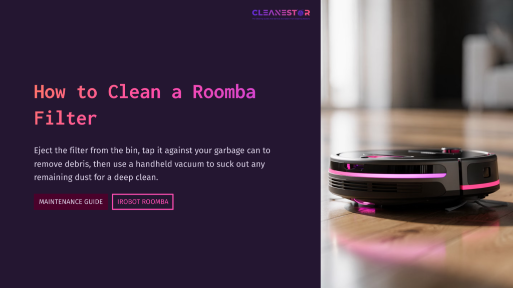 A Dark-Themed Guide Featuring A Sleek Roomba Vacuum With Pink Accents, Next To Text On Cleaning Its Filter, Set In A Modern Interior.