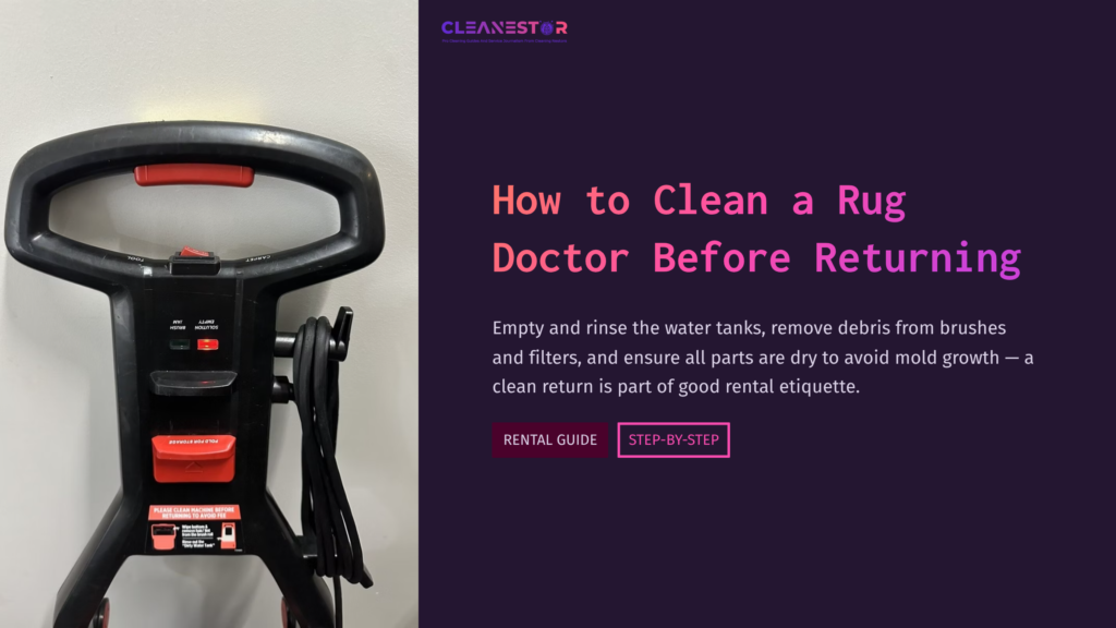 Rug Doctor Cleaning Machine With A Black Handle, Featured Against A Purple Background, Alongside Cleaning Instructions And Tips.