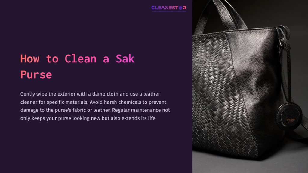 Black Woven Sak Purse Displayed Against A Dark Background, Accompanied By Cleaning Instructions In White And Purple Text.