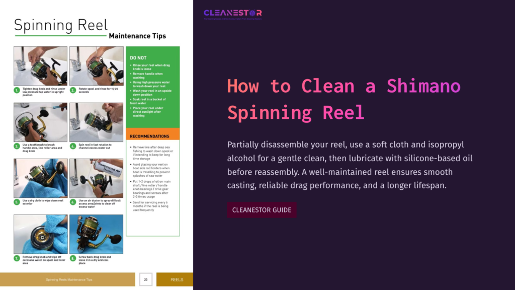 1 How To Clean A Shimano Spinning Reel Collage Of Cleaning Tips For A Shimano Spinning Reel, Featuring Tools, Images Of The Reel, And Step-By-Step Instructions In Vibrant Colors.