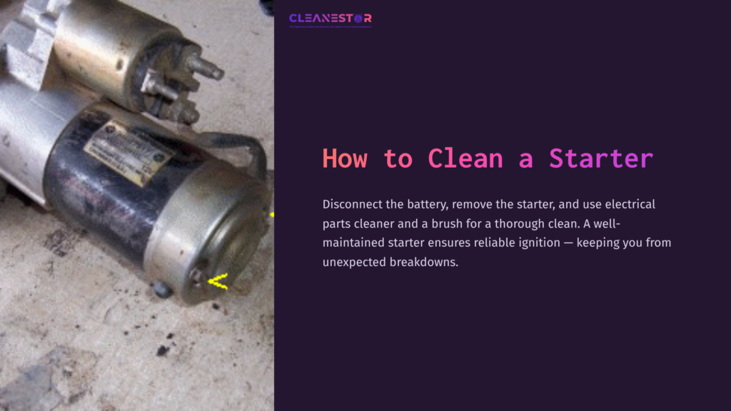 A Metal Starter Motor On A Work Surface, Featuring Connectors And A Cylindrical Shape, Showing Signs Of Wear And Grime.
