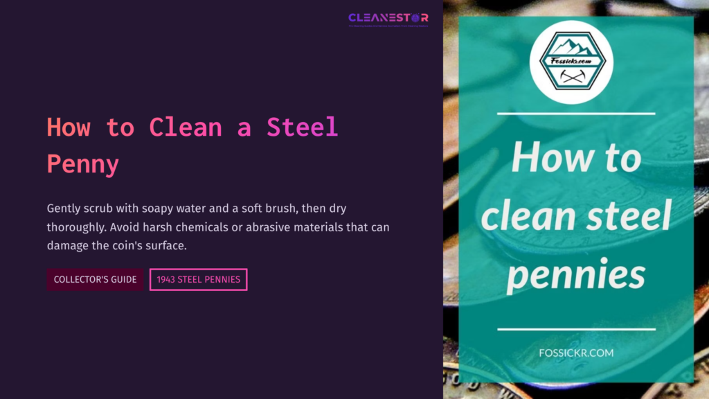 Title &Quot;How To Clean A Steel Penny&Quot; On A Purple Background, With A Teal Section Featuring A Coin And Cleaning Instructions.