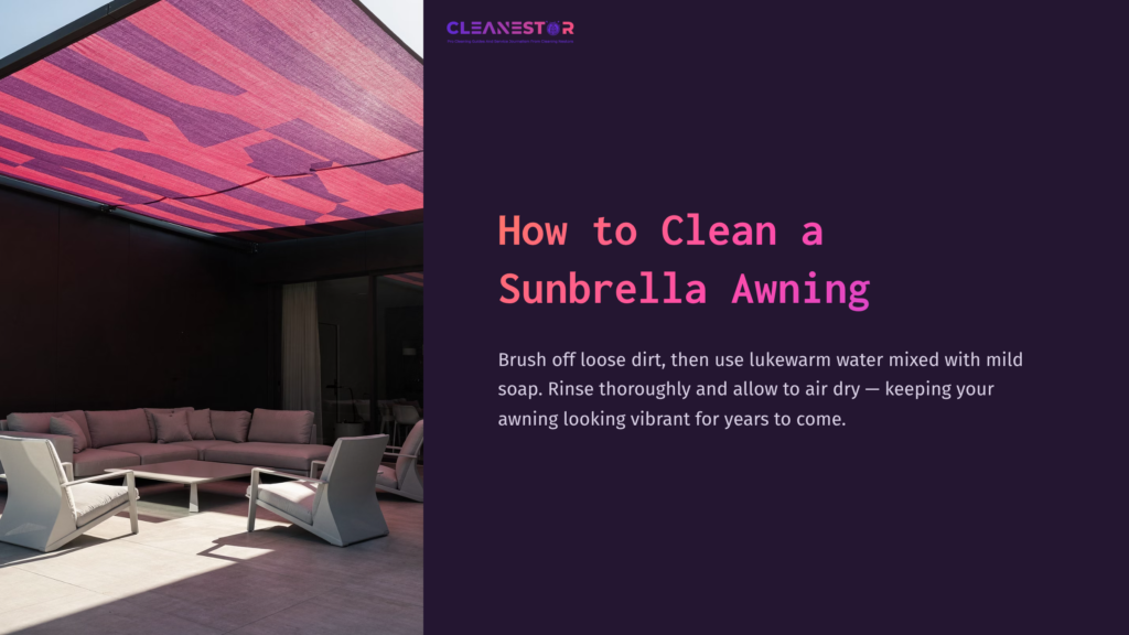 A Vibrant Sunbrella Awning In Shades Of Pink And Purple Casts Shade Over A Modern Outdoor Seating Area With Grey Furniture.