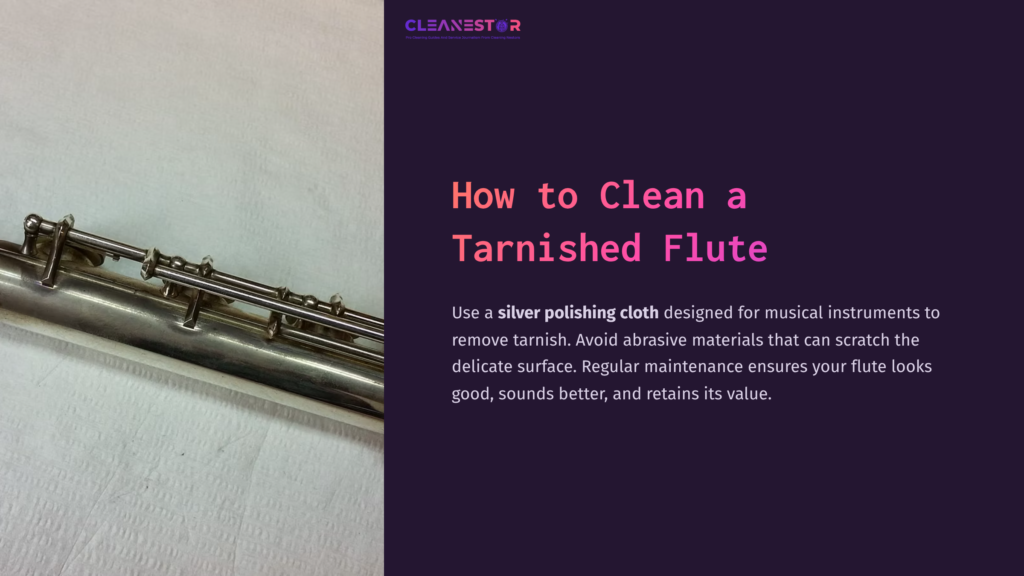 A Tarnished Silver Flute Rests On A White Surface, With A Polishing Cloth And Instructional Text About Cleaning Techniques Nearby.