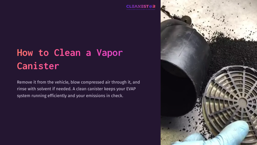 1 How To Clean A Vapor Canister Black Vapor Canister On A Workshop Surface, Surrounded By Scattered Debris. Cleaning Materials, Like Gloves And A Cloth, Are Nearby.