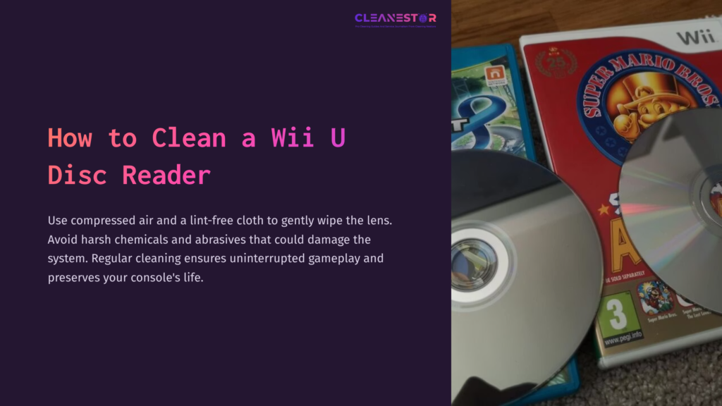 1 How To Clean A Wii U Disc Reader A Silver Wii U Disc Reader Surrounded By Game Discs And A Blue Cleaning Cloth On A Wooden Surface.