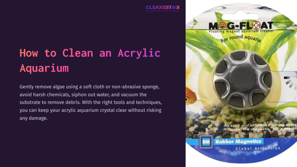 A Round Cleaning Sponge With A Textured Grip, Designed For Acrylic Aquariums, On A Colorful Instructional Background.