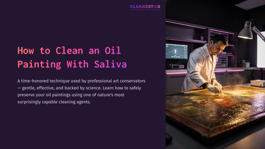 A Conservator Stands At A Workbench, Cleaning An Oil Painting With A Focused Expression, Surrounded By Art Supplies And A Digital Display.