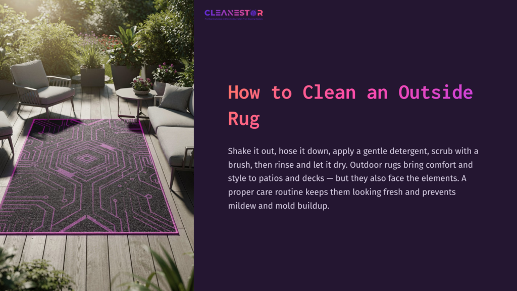 A Patterned Outdoor Rug In Purple And Black Is Placed On A Patio, Surrounded By Greenery And Modern Outdoor Furniture.