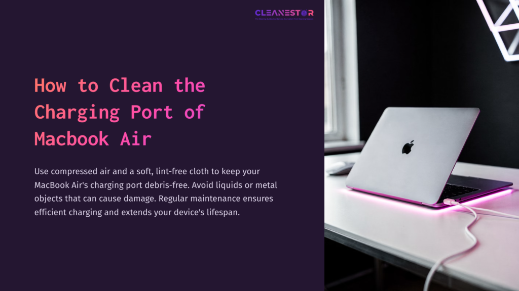 A Macbook Air Sits On A White Table, Illuminated By Soft Purple Lighting, Surrounded By A Minimalistic Workspace.