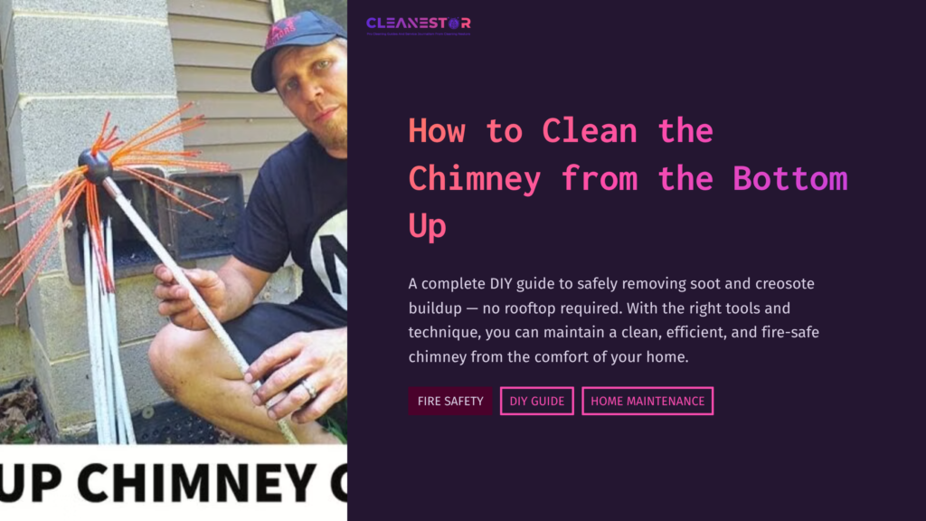 1 How To Clean The Chimney From The Bottom Up A Man Demonstrates Chimney Cleaning Techniques, Holding A Cleaning Brush Against A House With A Dark Background And Vibrant Text.