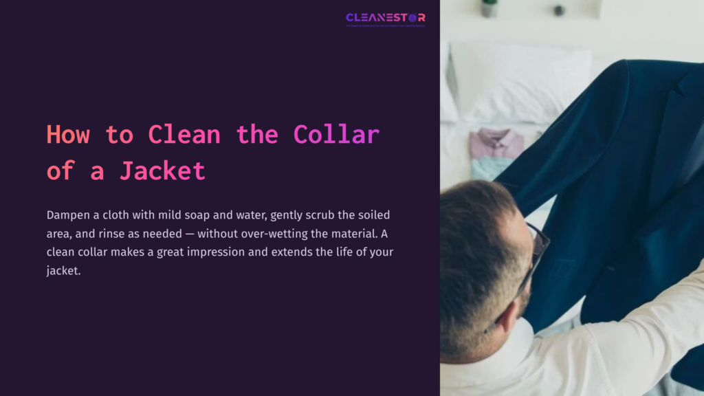 1 How To Clean The Collar Of A Jacket A Person Gently Cleaning A Jacket Collar With A Cloth, Seated On A Bed With Soft Bedding In The Background.
