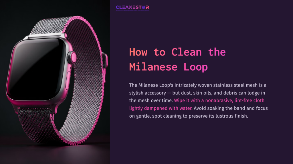 Milanese Loop Watch Band On A Contrasting Background, Showcasing Its Detailed Stainless Steel Mesh And Vibrant Pink Highlights.
