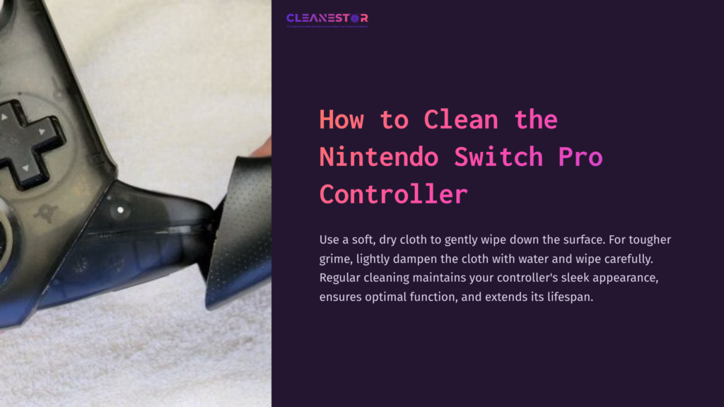 Close-Up Of A Nintendo Switch Pro Controller Being Cleaned With A Black Cloth, Set Against A Purple Background.