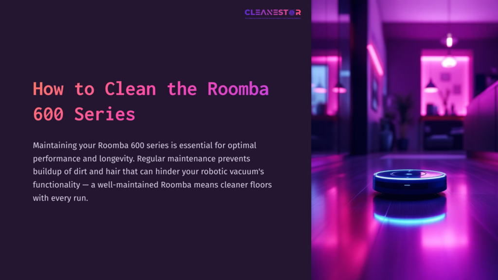 Roomba Vacuum On A Dimly Lit Surface, Surrounded By Purple And Pink Lighting, With Helpful Text About Cleaning Maintenance.
