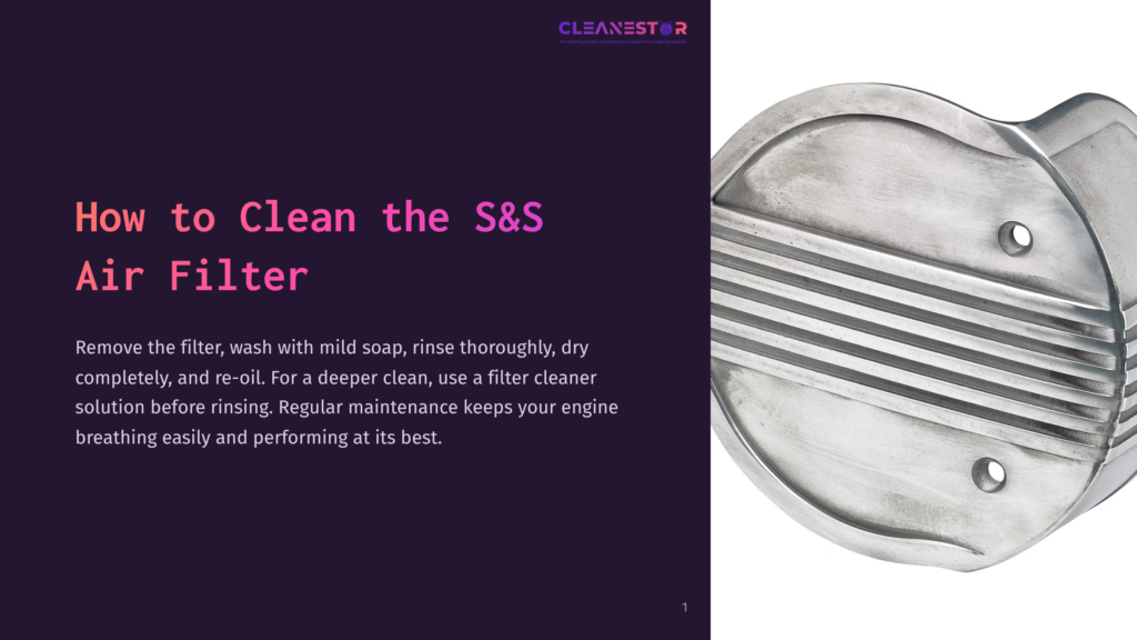 Close-Up Of A Round, Metallic S&Amp;S Air Filter With Grooves, Set Against A Dark Purple Background With Cleaning Instructions.