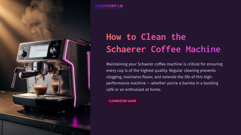 Schaerer Coffee Machine With A Sleek Design, Featuring Purple Accents, Against A Dark Background. Text Highlights Cleaning Importance.