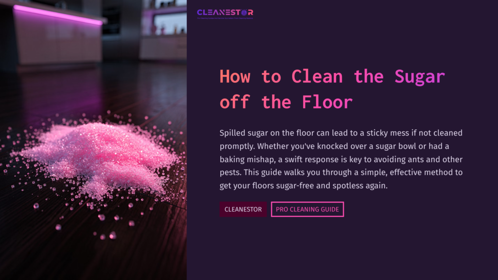 A Heap Of Pink Sugar Spilling On A Polished Floor, With A Softly Lit Background Featuring Shelves And Glowing Purple Accents.