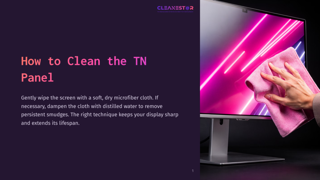 A Person Gently Cleaning A Computer Monitor Screen With A Pink Microfiber Cloth, Displaying Vibrant Pink And Purple Light Effects.