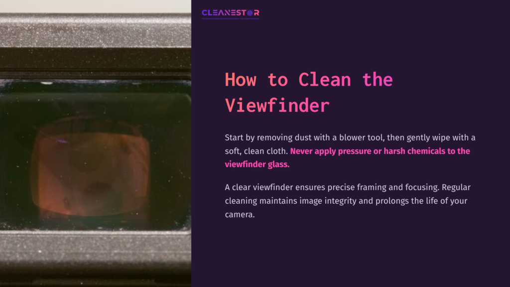 Close-Up Of A Camera Viewfinder With A Reflection Inside, Surrounded By A Dark Frame; A Dust Blower And Cleaning Cloth Are Nearby.