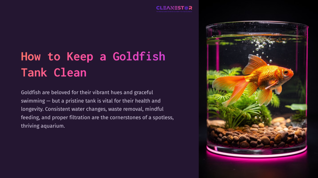A Goldfish Swims Gracefully In A Clear Aquarium Filled With Aquatic Plants And Pebbles, Set Against A Purple Background.