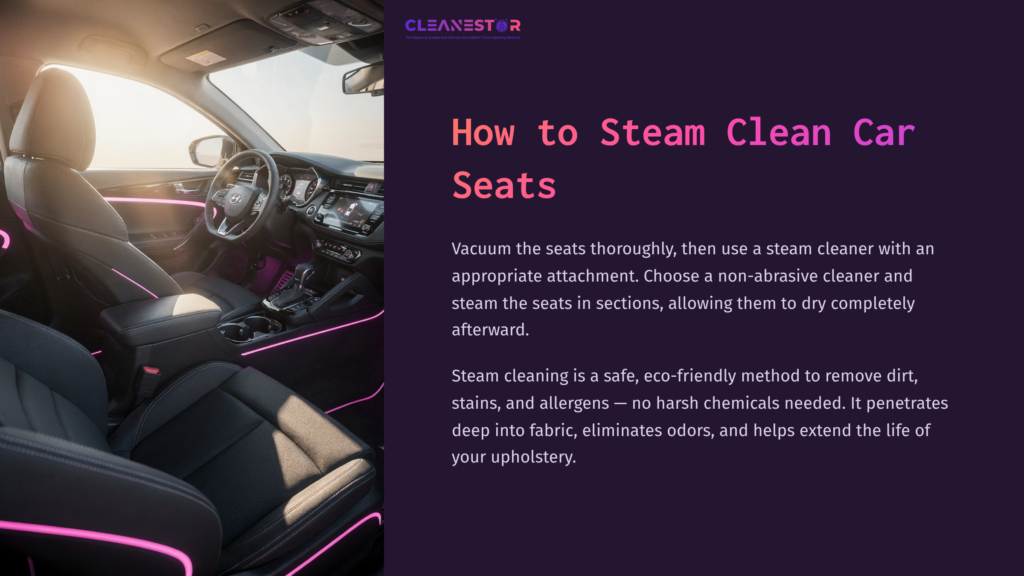 Interior Of A Car With Black Upholstery, Pink Accents, Showing Front Seats And Dashboard, With Sunlight Illuminating The Space.