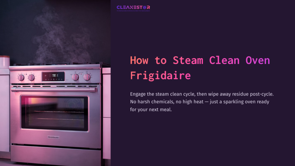 Silver Frigidaire Oven With Steam Rising, Set Against A Dark Purple Background With White And Pink Text On How To Steam Clean.