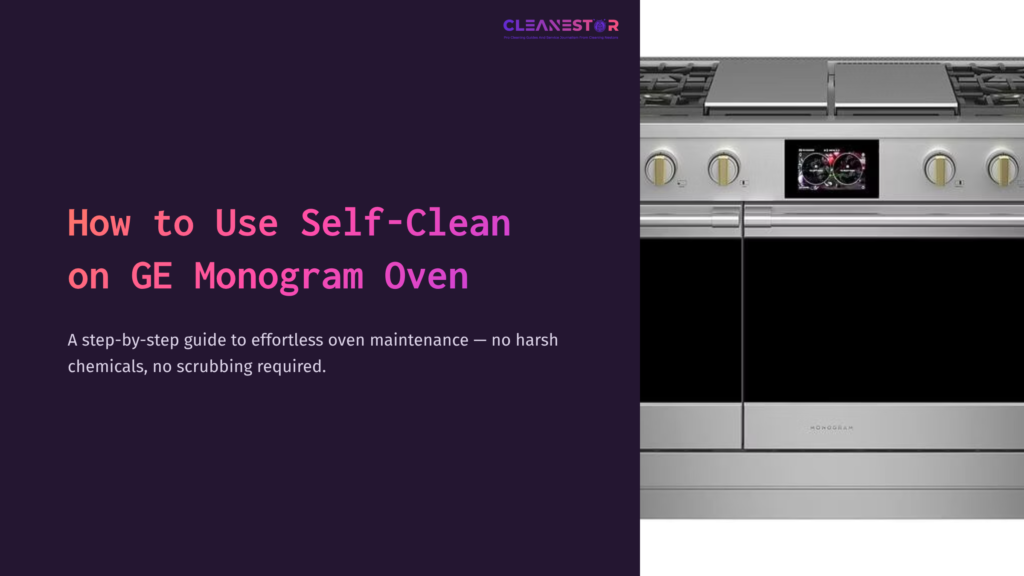 Ge Monogram Oven With A Sleek Stainless Steel Finish, Featuring Knobs And A Digital Display, Alongside A Purple Instructional Background.