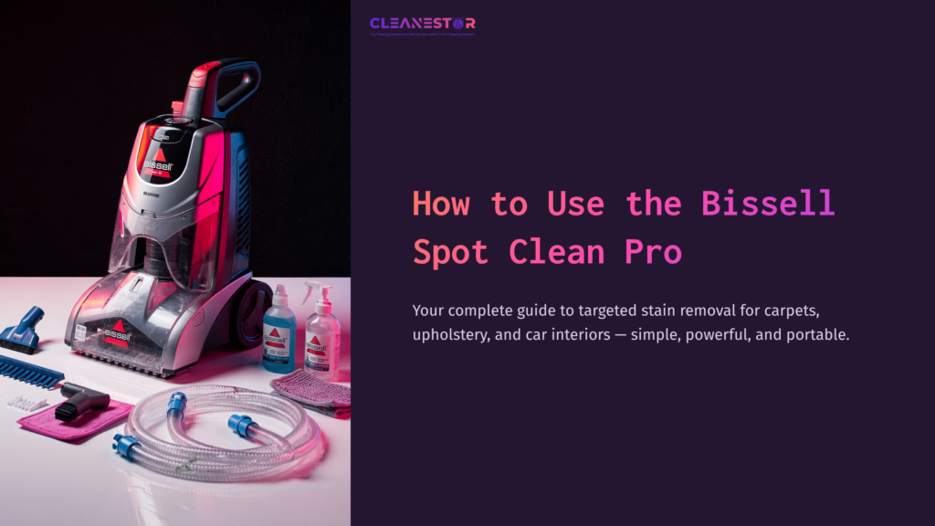 Bissell Spot Clean Pro Cleaner With Various Cleaning Solutions And Accessories On A Table, Featuring Vibrant Pink And Purple Hues.