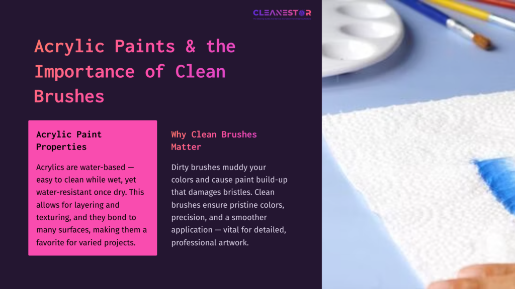 Text Layout Featuring A Section On Acrylic Paint Properties And The Importance Of Clean Brushes, With Vibrant Colors And Textured Background.