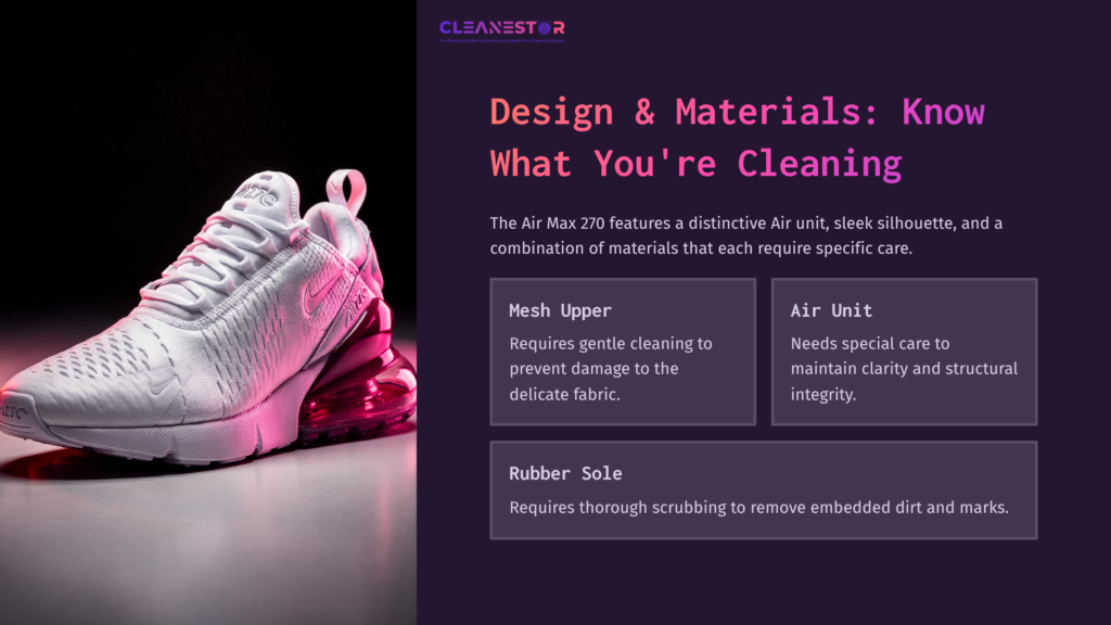 White Nike Air Max 270 Sneaker With A Pink Air Unit, Alongside A Text Layout Detailing Cleaning Tips For Its Mesh Upper, Air Unit, And Rubber Sole.