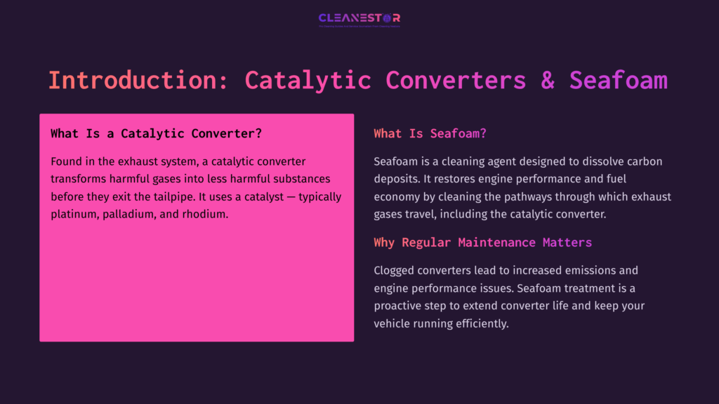 Bright Pink And Dark Purple Text Highlights An Introduction To Catalytic Converters And Seafoam, Detailing Their Importance And Function.