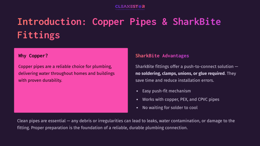 Introduction Section Featuring Pink And Black Text Discussing Copper Pipes, Sharkbite Fittings' Advantages, And The Importance Of Clean Preparation For Plumbing.